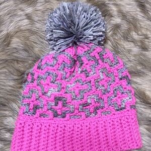 Pink and Gray Multi Mosaic Crochet Pom-Pom Beanie